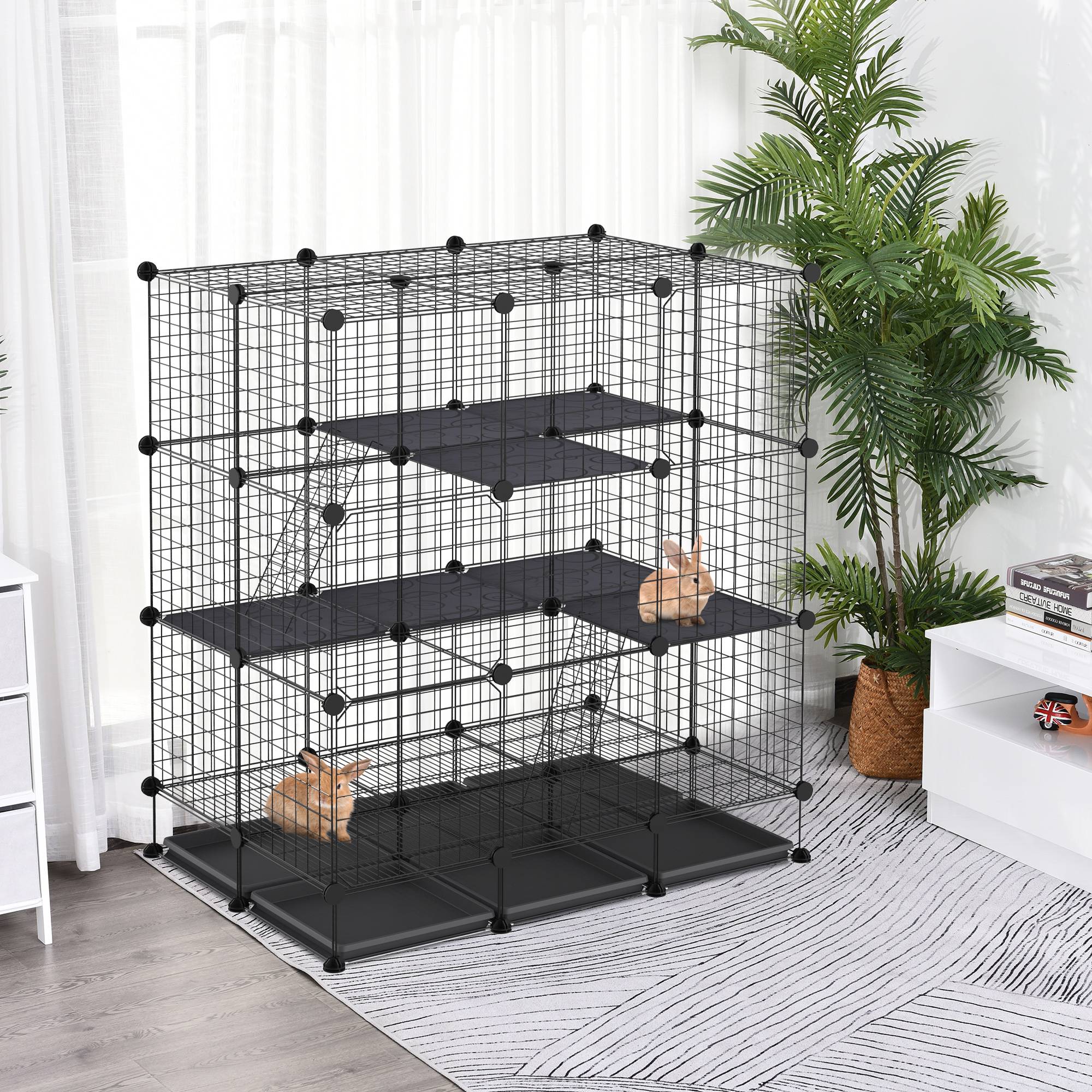 Parc modulable rongeurs métal 3 niveaux rampes 4 portes plateaux amovibles 111x75x119cm noir - ComfortXL Outdoor Living - Image 3