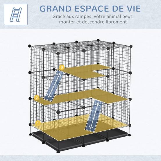 Parc modulable rongeurs métal 3 niveaux rampes 4 portes plateaux amovibles 111x75x119cm noir - ComfortXL Outdoor Living - Image 6