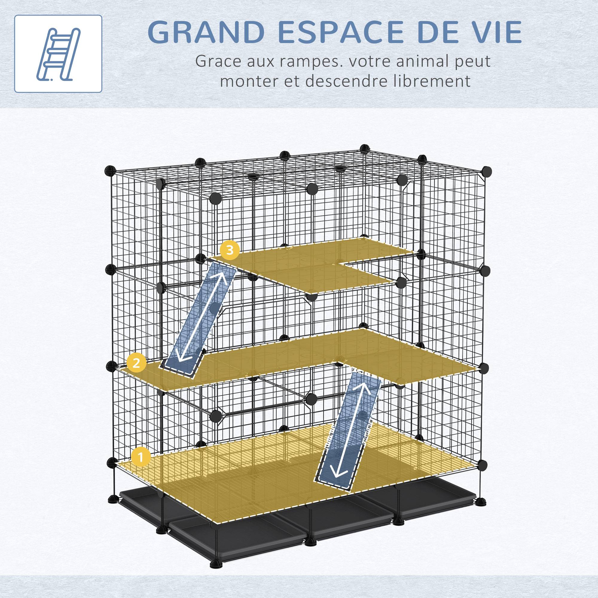 Parc modulable rongeurs métal 3 niveaux rampes 4 portes plateaux amovibles 111x75x119cm noir - ComfortXL Outdoor Living - Image 6
