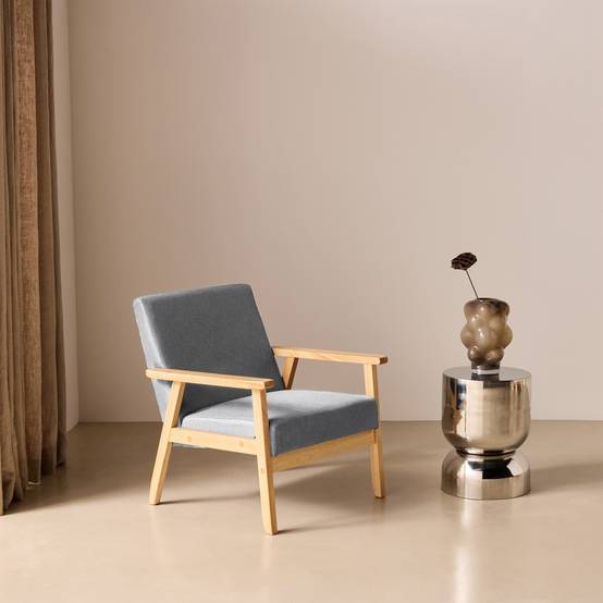 sweeek - Fauteuil scandinave en bois et tissu gris clair. Isak. L 64 x P 69.5 x H 73cm | sweeek - Image 1