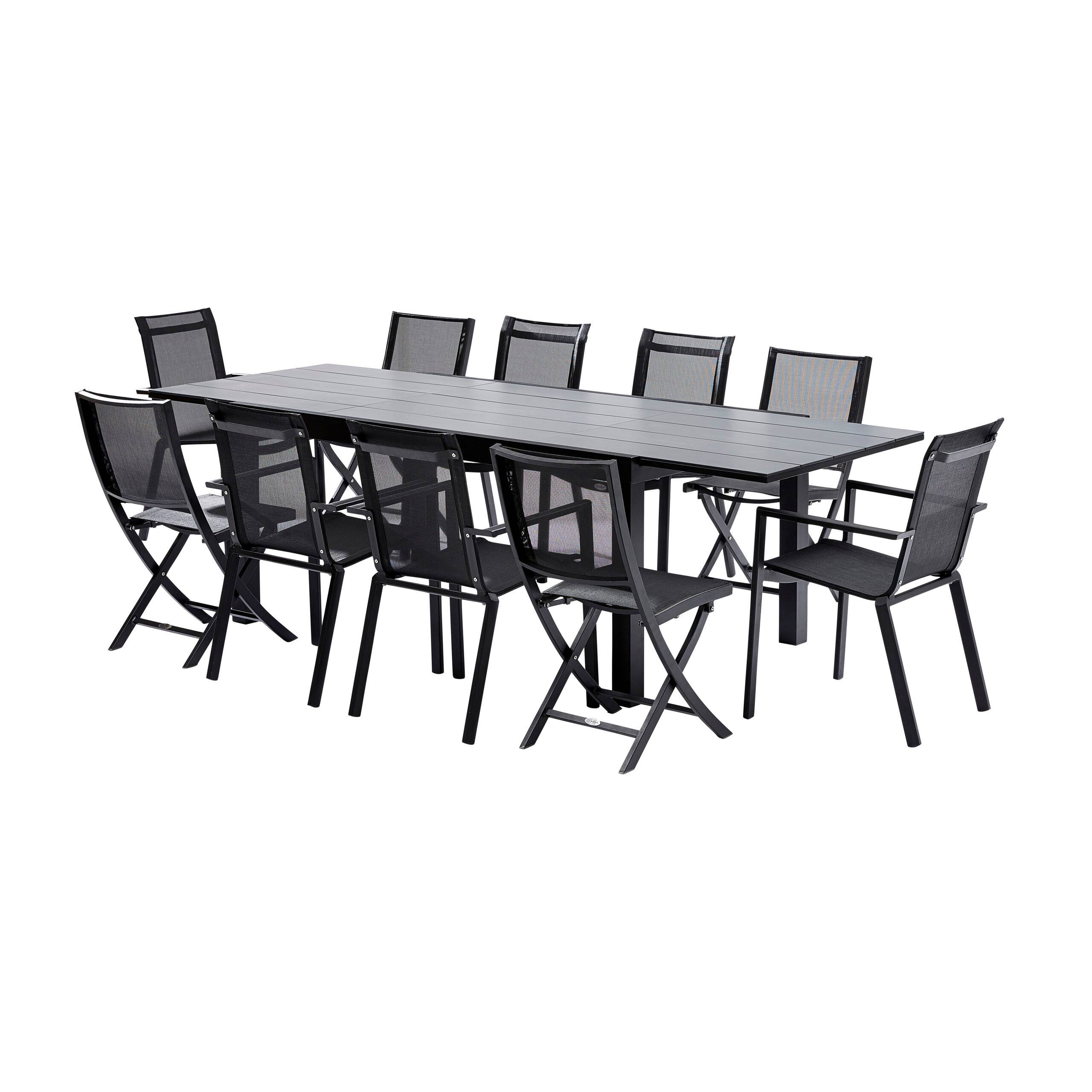 Wilsa Garden - Ensemble HPL 6/10p en aluminium noir et plateau en HPL gris avec 6 fauteuils et 4 chaises pliantes en aluminium et textilène - Imagen 1