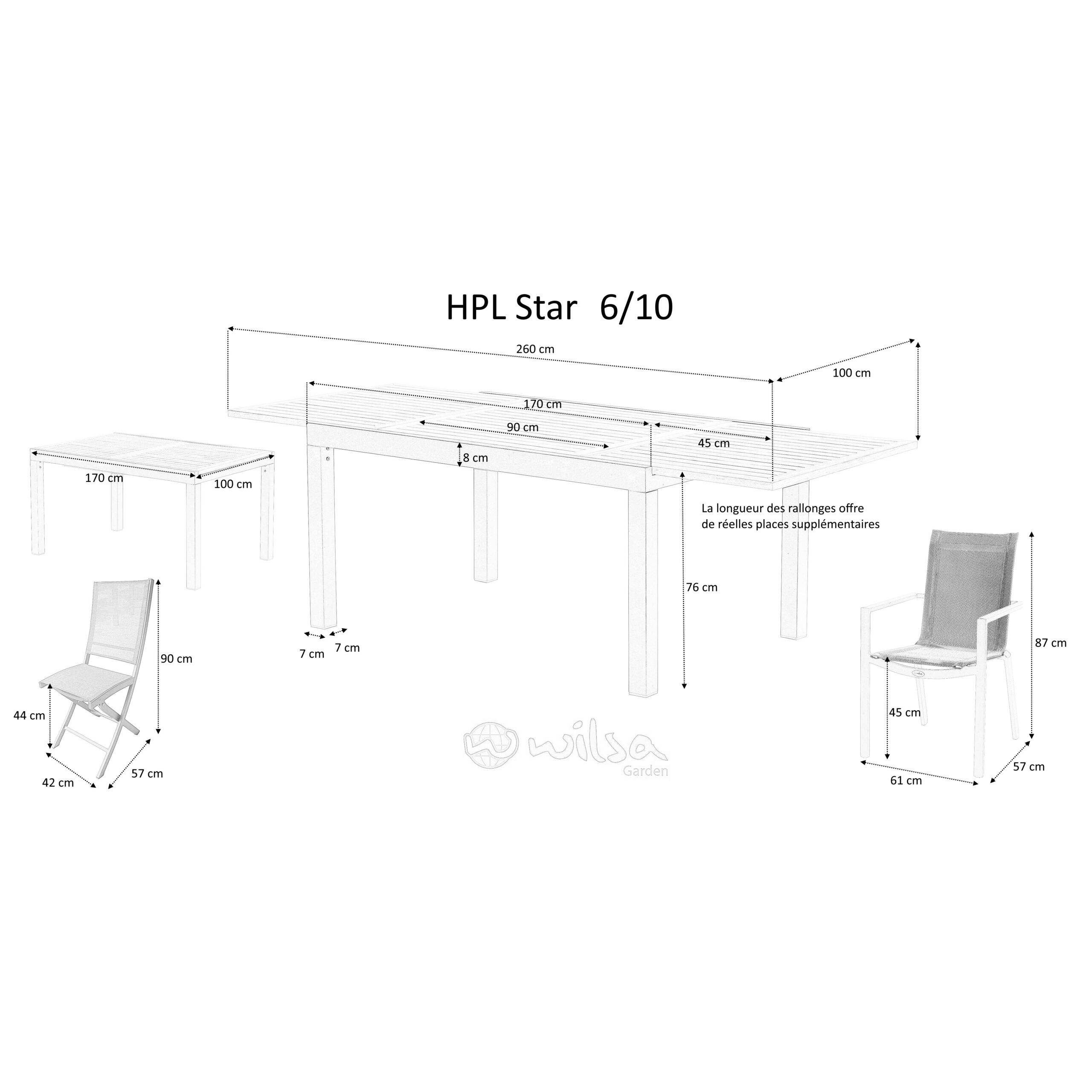 Wilsa Garden - Ensemble HPL 6/10p en aluminium noir et plateau en HPL gris avec 6 fauteuils et 4 chaises pliantes en aluminium et textilène - Imagen 6