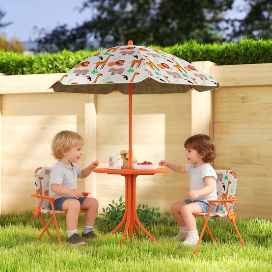Salon de jardin enfant, table enfant avec 2 chaises pliantes et parasol amovible Ø 100 cm, motif jungle, rose - Image 3