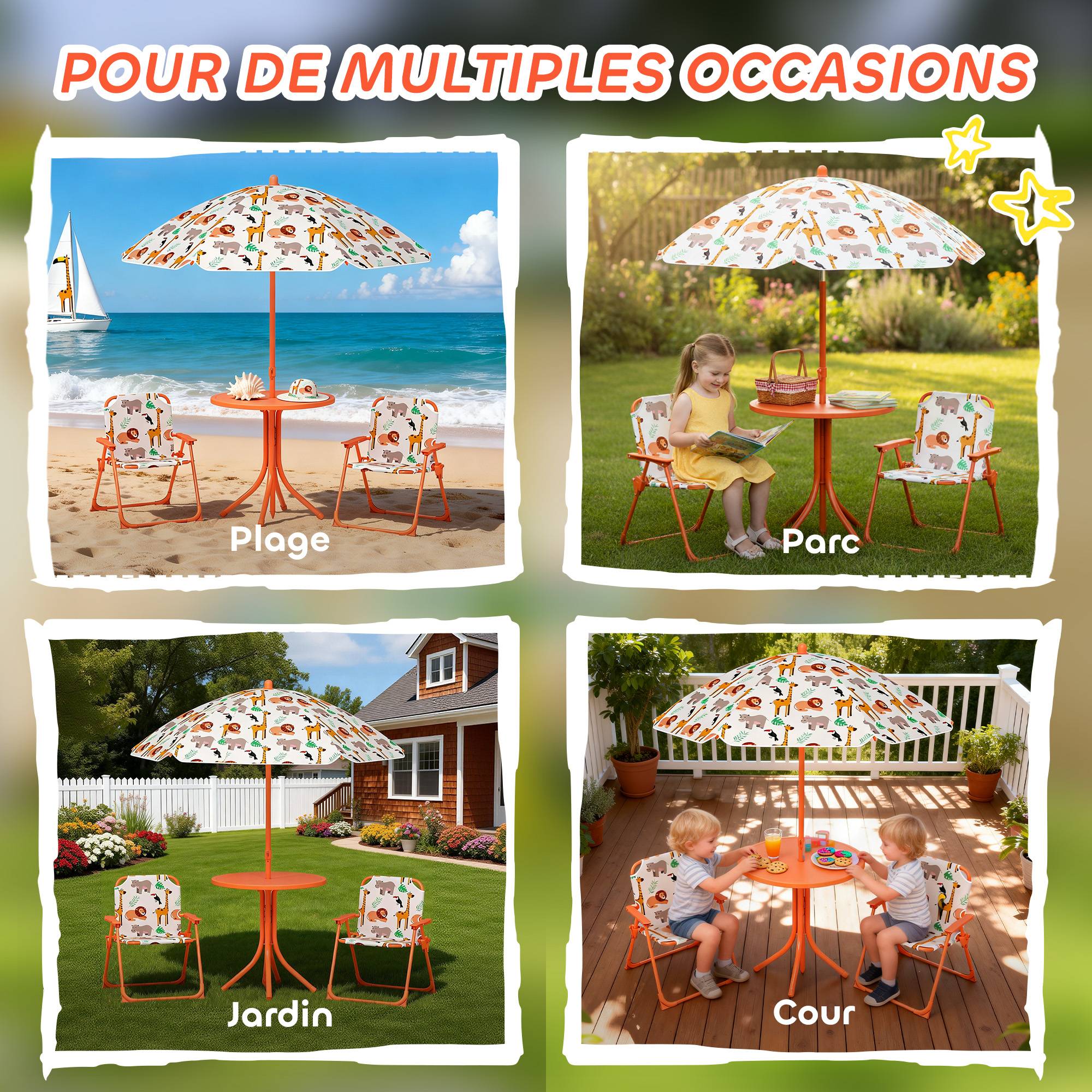 Salon de jardin enfant, table enfant avec 2 chaises pliantes et parasol amovible Ø 100 cm, motif jungle, rose - Image 9