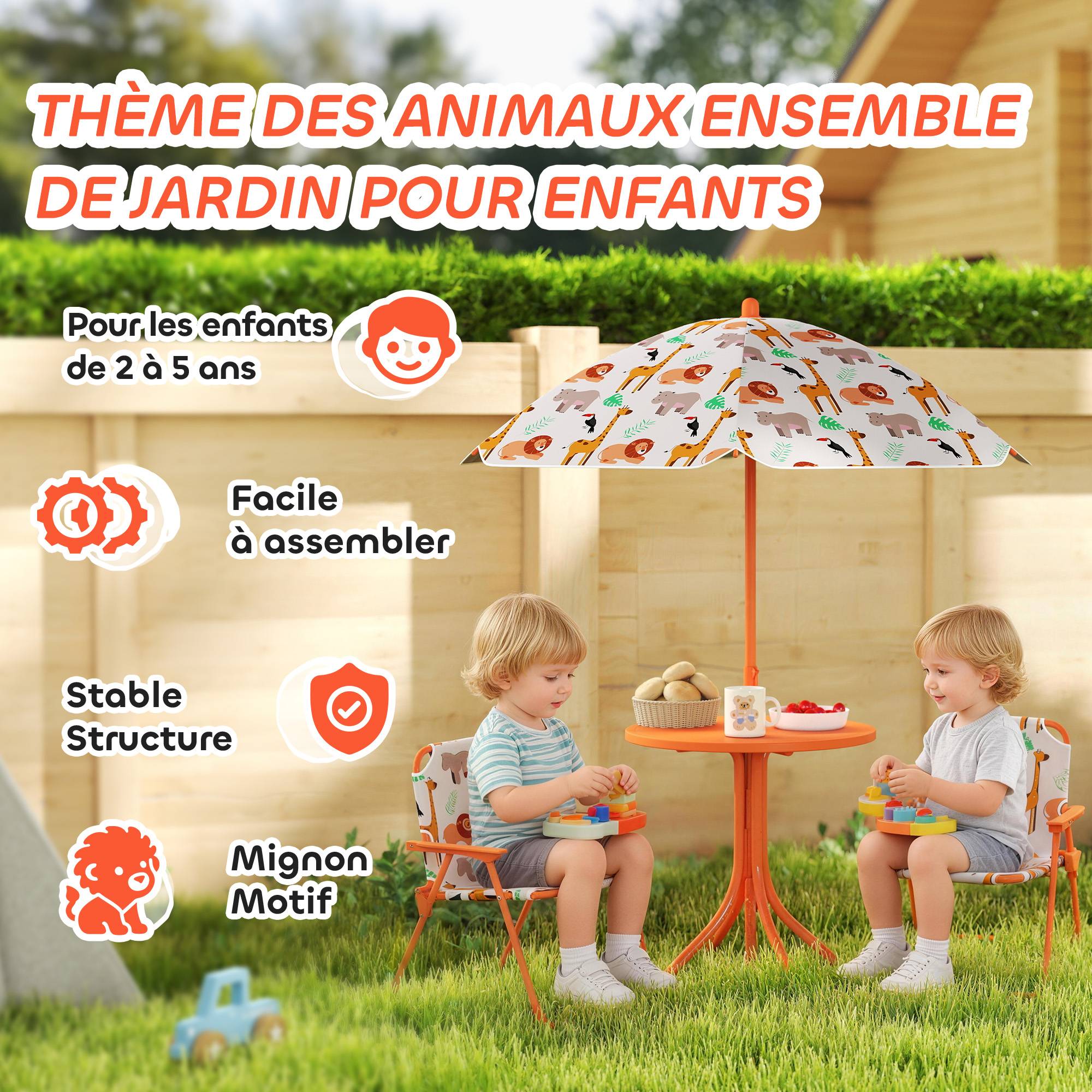 Salon de jardin enfant, table enfant avec 2 chaises pliantes et parasol amovible Ø 100 cm, motif jungle, rose - Image 6