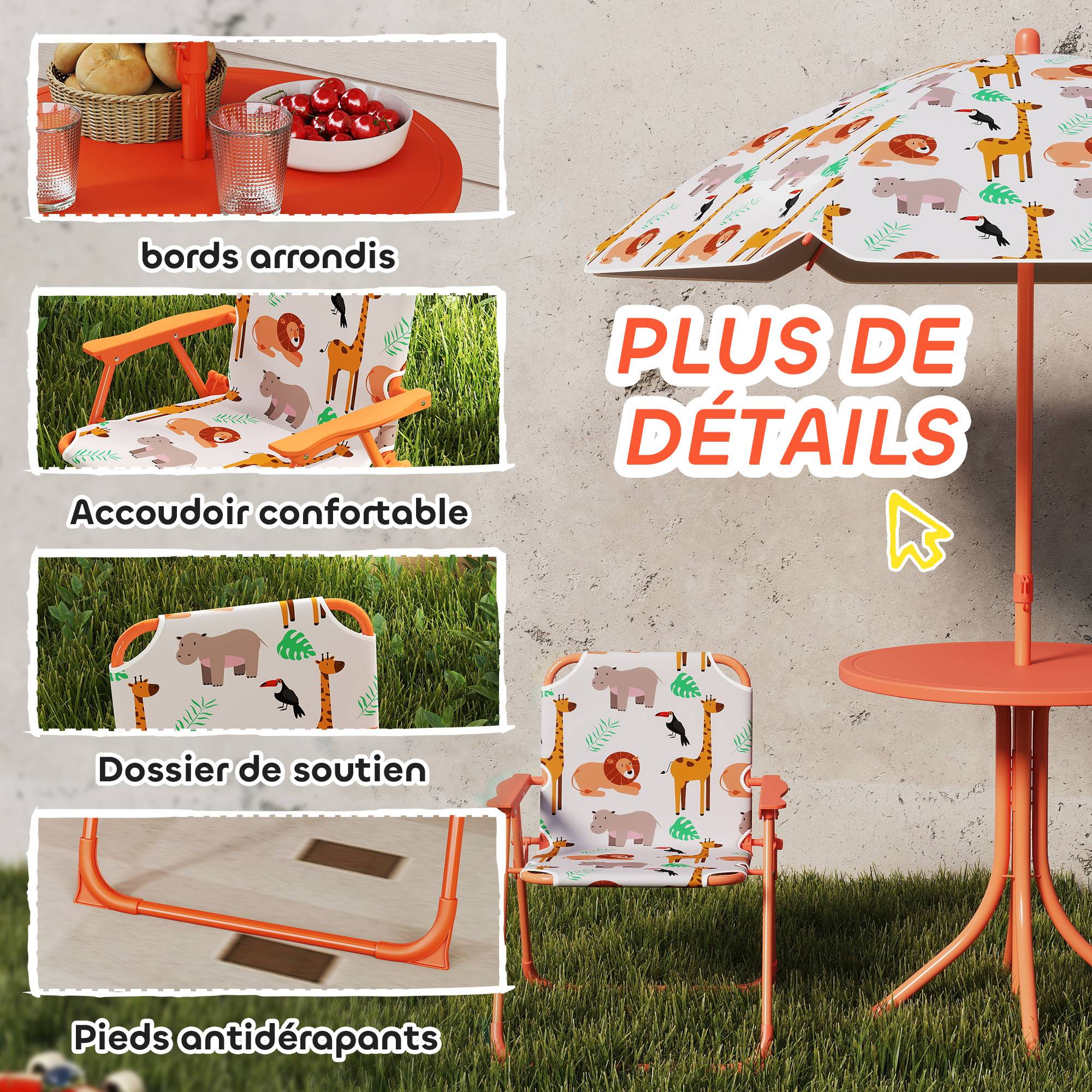 Salon de jardin enfant, table enfant avec 2 chaises pliantes et parasol amovible Ø 100 cm, motif jungle, rose - Image 8