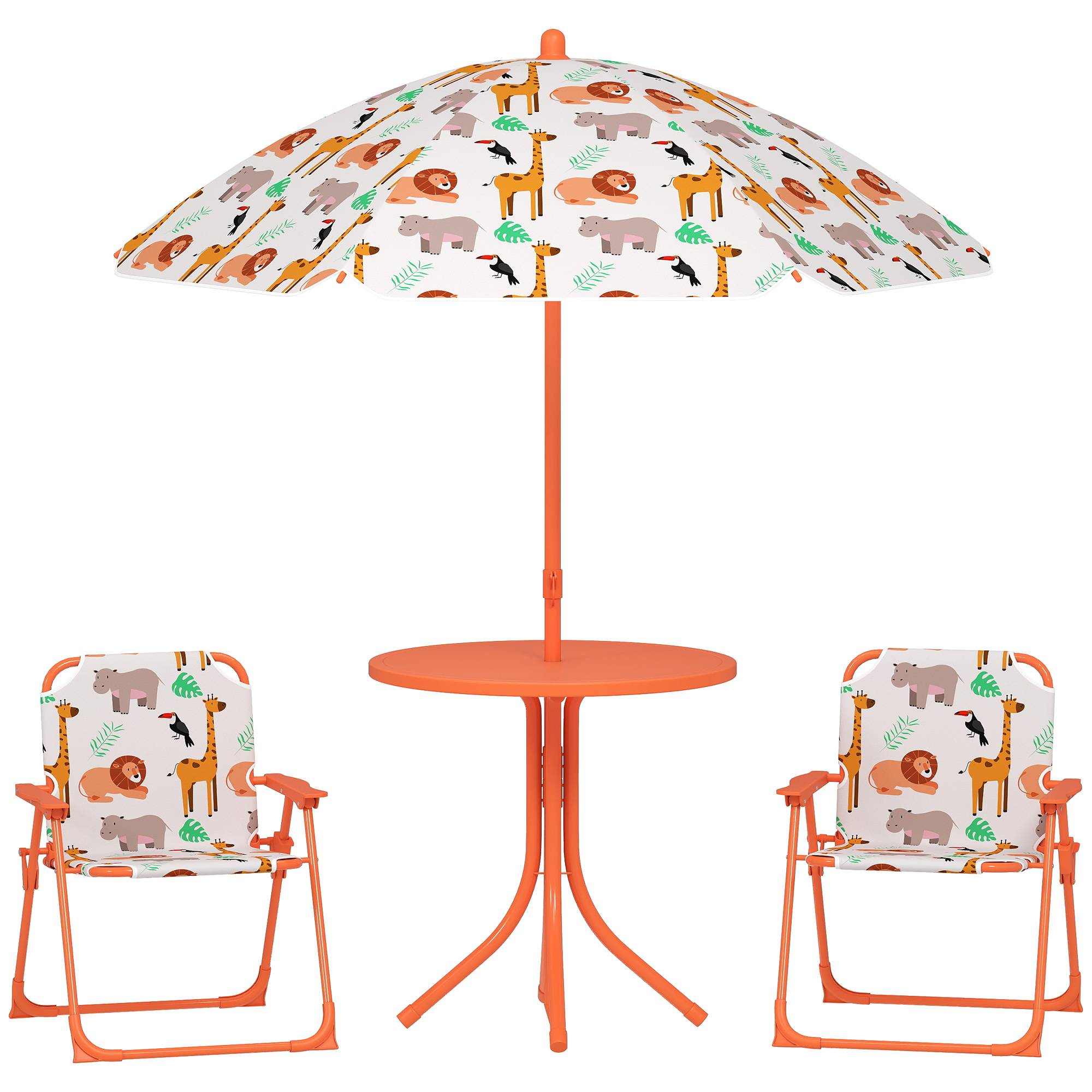 Salon de jardin enfant, table enfant avec 2 chaises pliantes et parasol amovible Ø 100 cm, motif jungle, rose - Image 1