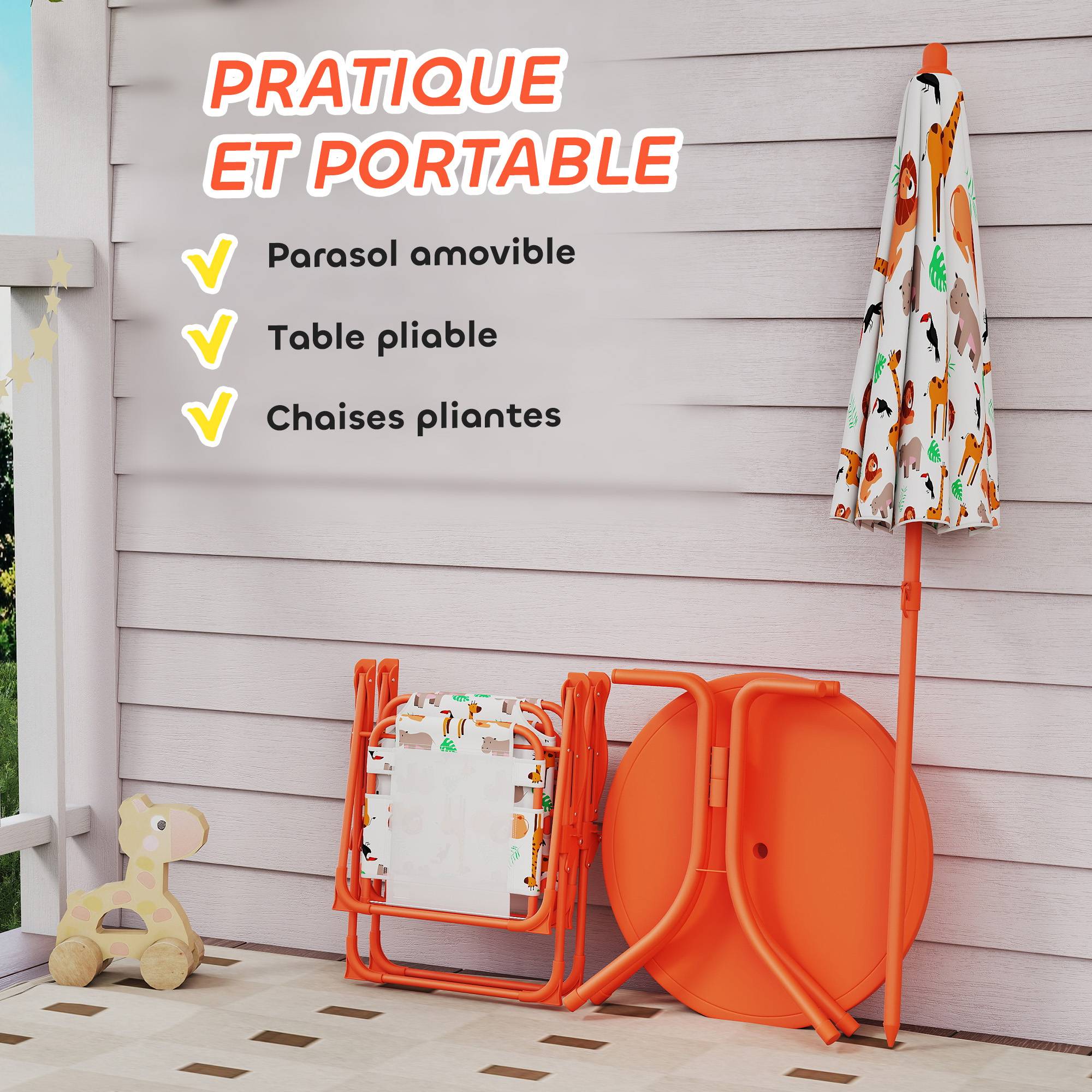 Salon de jardin enfant, table enfant avec 2 chaises pliantes et parasol amovible Ø 100 cm, motif jungle, rose - Image 7