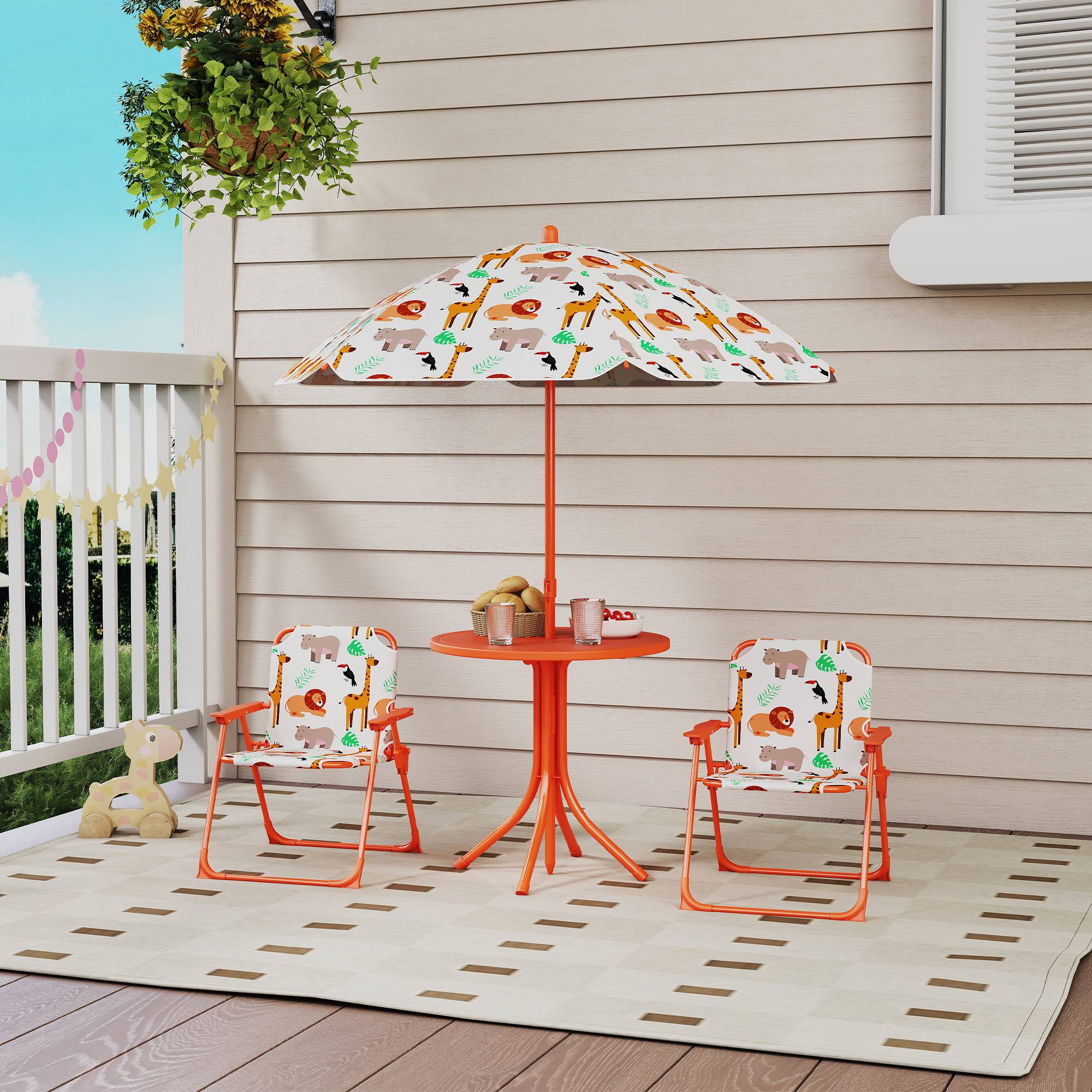 Salon de jardin enfant, table enfant avec 2 chaises pliantes et parasol amovible Ø 100 cm, motif jungle, rose - Image 4