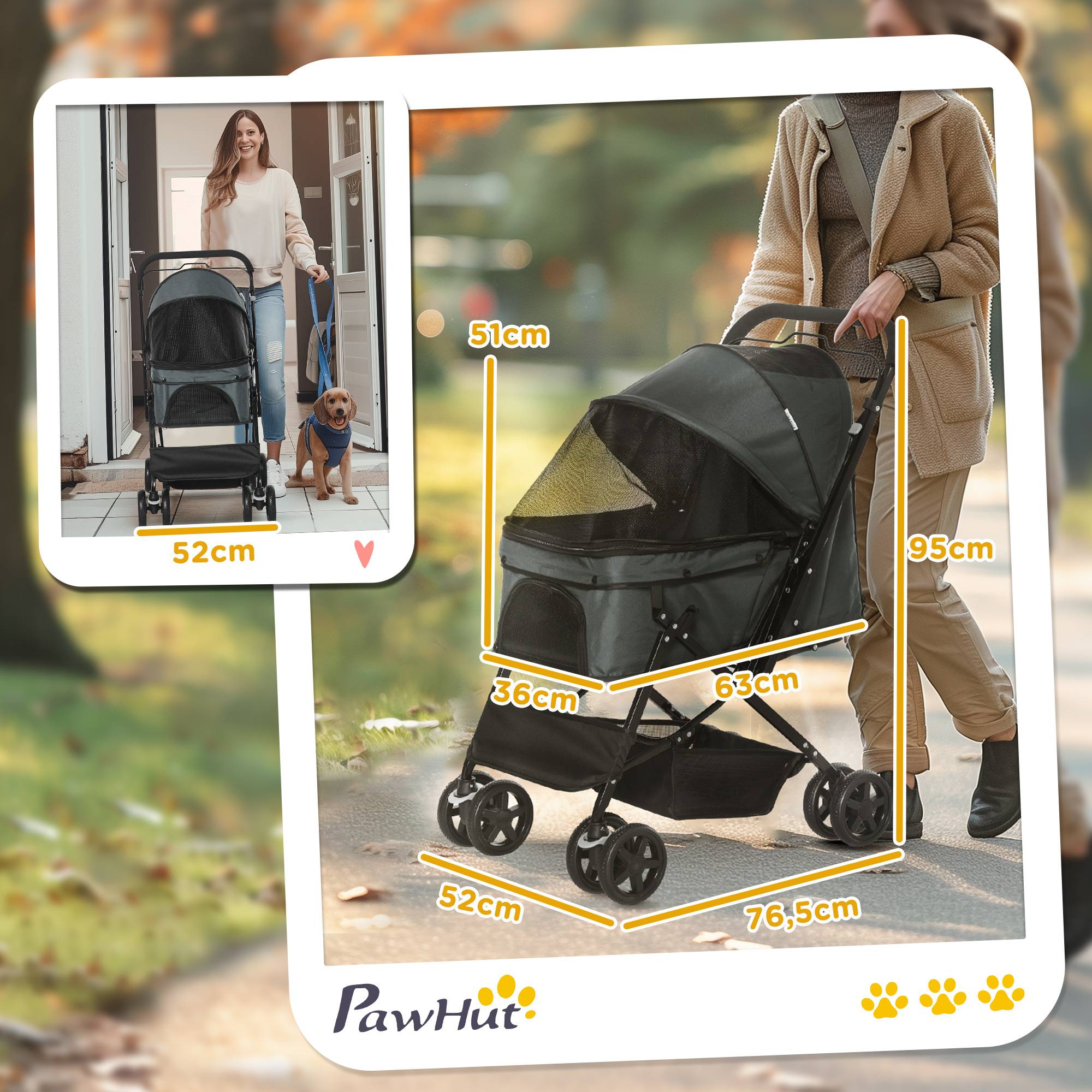 Poussette pour chien animaux de compagnie pliable 4 roues EVA guidon réglable panier 76,5 x 52 x 95 cm - Image 5