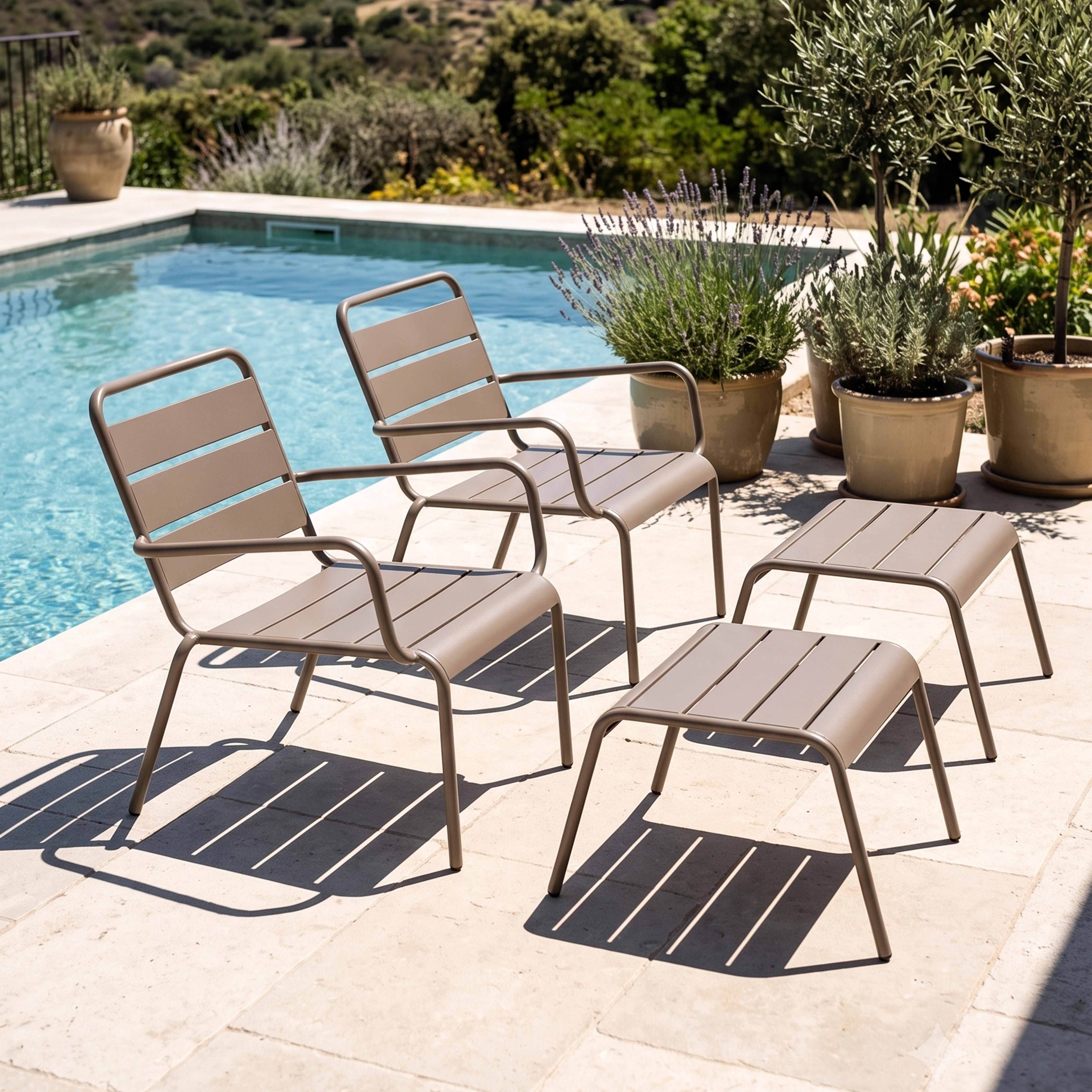 Oviala - Lot de 2 fauteuils relax avec repose-pieds en métal taupe Palavas - Oviala - Imagen 2