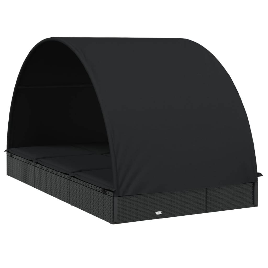Helloshop26 - Transat chaise longue bain de soleil 2 places avec toit rond noir 211x112x140 cm - Imagen 3