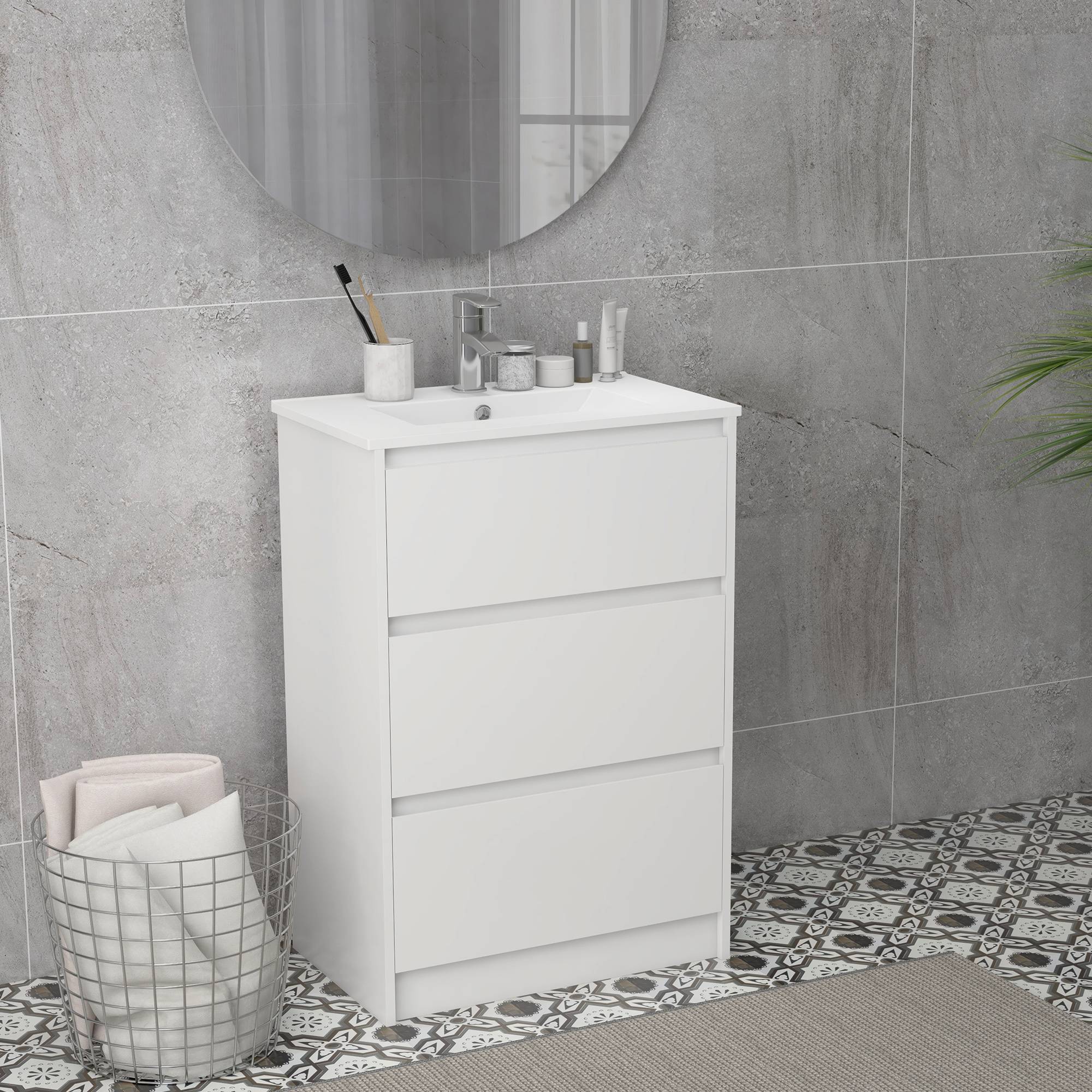 Sans Marque - Meuble vasque salle bain lavabo meuble salle bain lavabo céramique synthétique 2 tiroirs 61x37x88 cm blanc brillant - Image 4