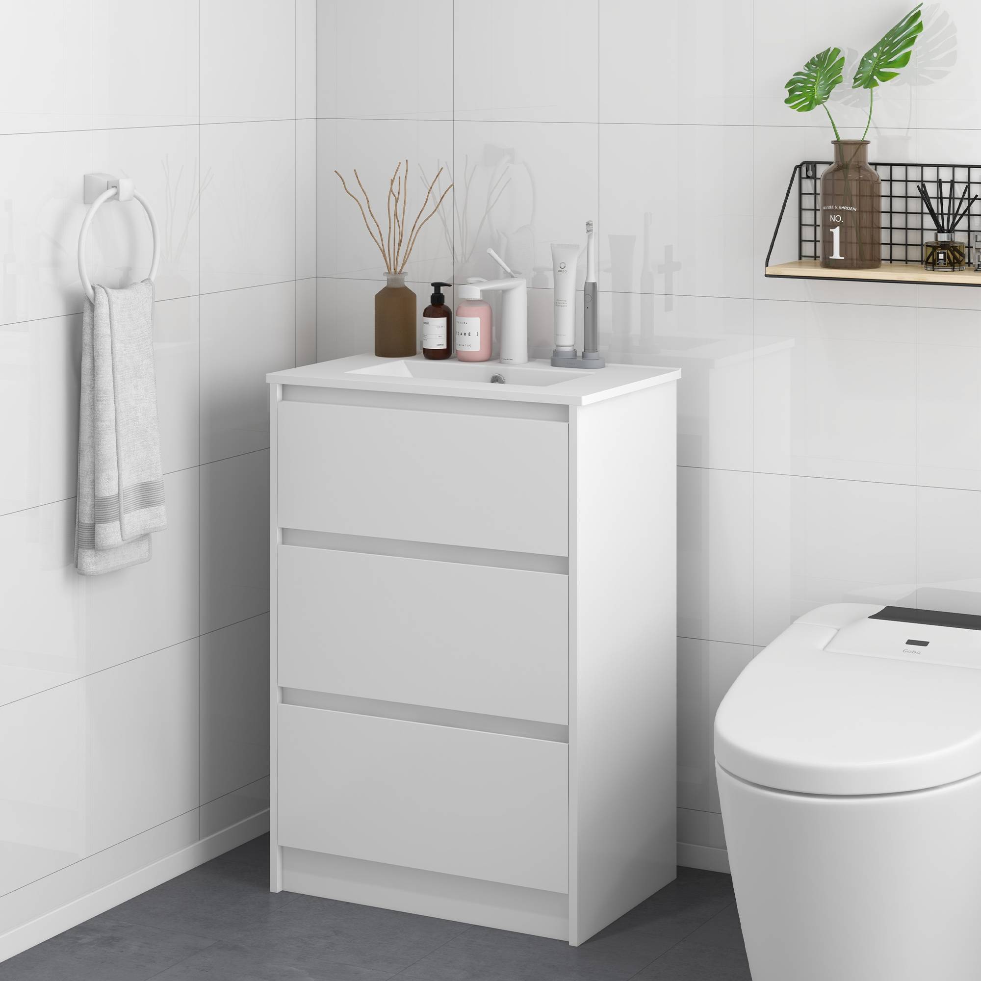Sans Marque - Meuble vasque salle bain lavabo meuble salle bain lavabo céramique synthétique 2 tiroirs 61x37x88 cm blanc brillant - Image 3