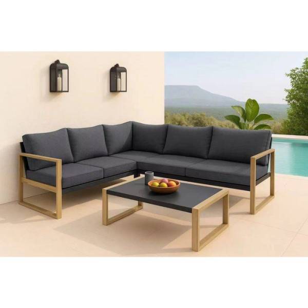 Salon de jardin d'angle - Aluminium effet bois - PUERTOCOR - 5 personnes + table basse - Image 6