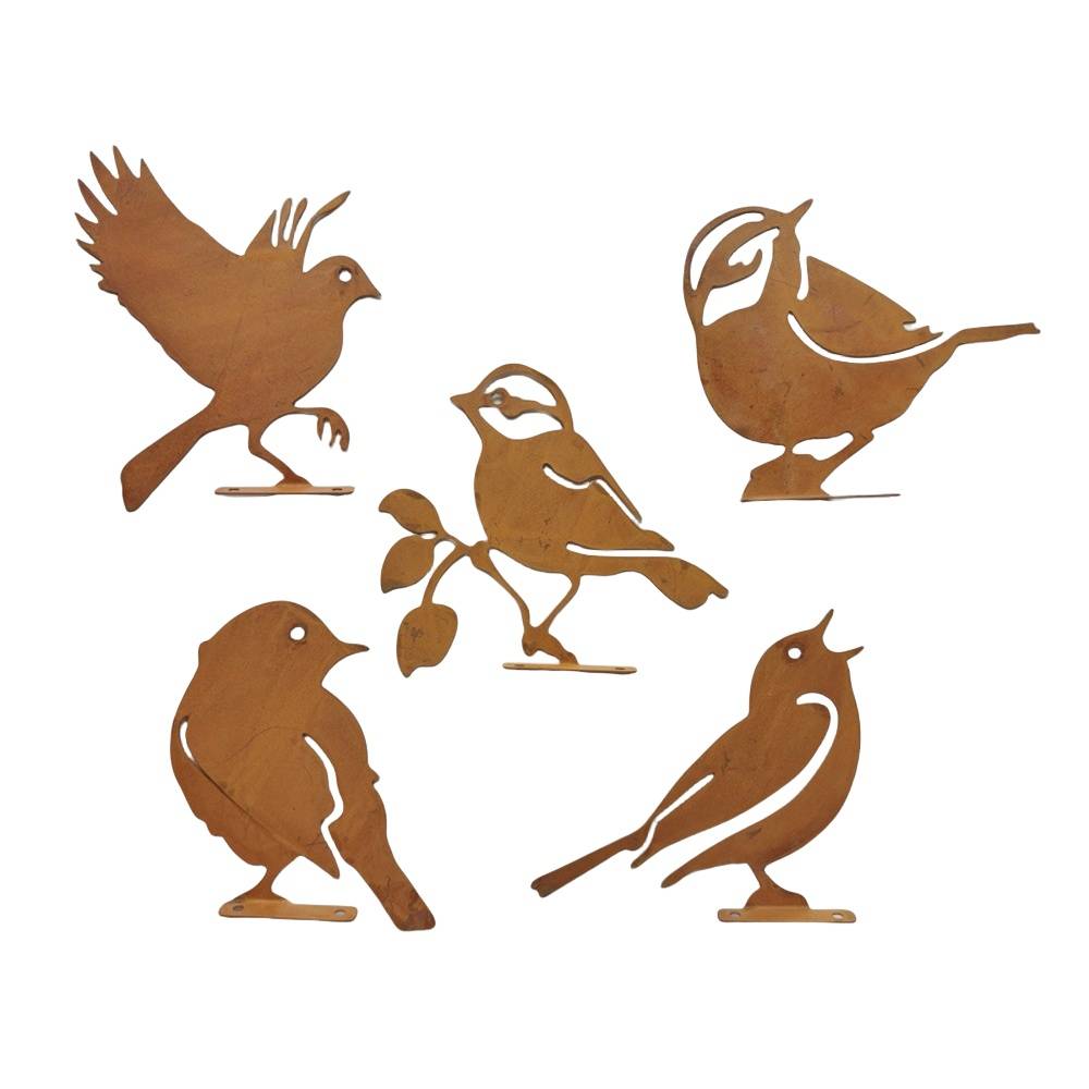 Lot de Cinq Oiseaux Décoratifs en Métal Rouillé - IntiMeg - Image 1