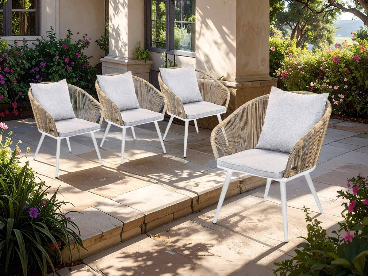 Lot de 4 Fauteuil de jardin en résine tressée structure alu blanc + coussin chiné gris/beige Maldives - Jardiline - Imagen 2