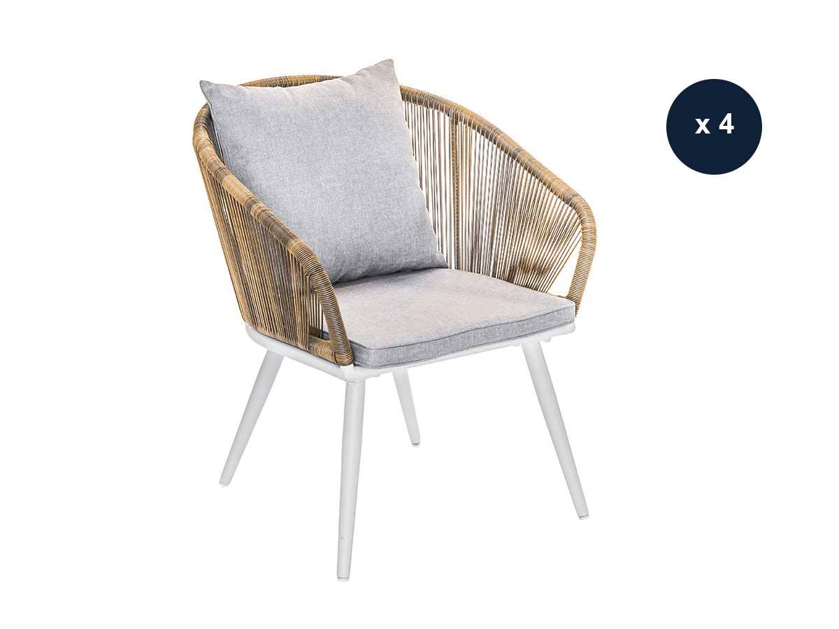 Lot de 4 Fauteuil de jardin en résine tressée structure alu blanc + coussin chiné gris/beige Maldives - Jardiline - Imagen 1
