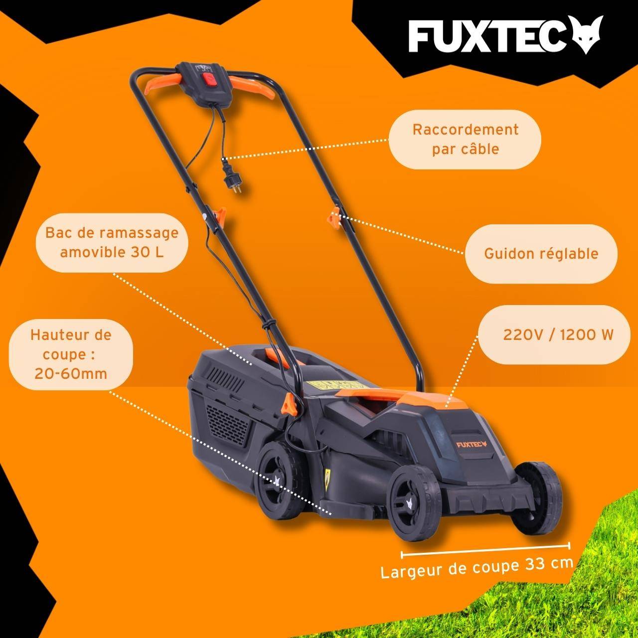 FUXTEC - Tondeuse À Gazon Électrique Filaire Poussée - Fuxtec Fx-rme33 - 9kg, Largeur De Coupe 33cm, Bac 30l, Hauteur 20mm - 60mm - Image 6