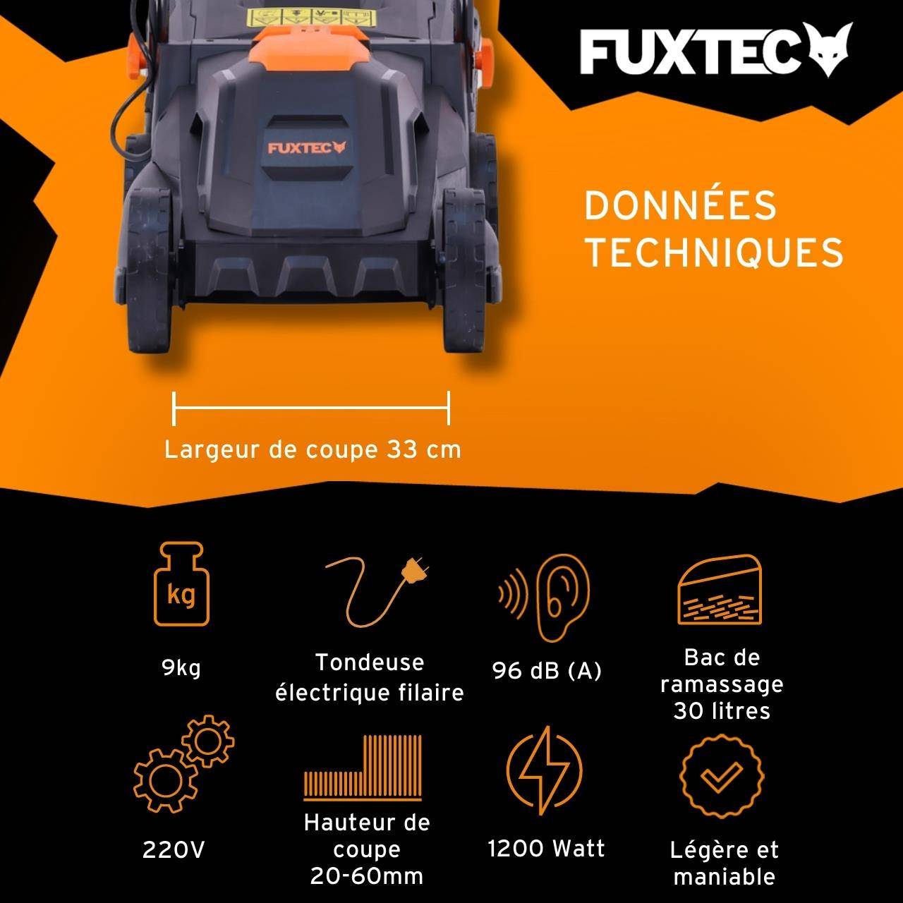FUXTEC - Tondeuse À Gazon Électrique Filaire Poussée - Fuxtec Fx-rme33 - 9kg, Largeur De Coupe 33cm, Bac 30l, Hauteur 20mm - 60mm - Image 3