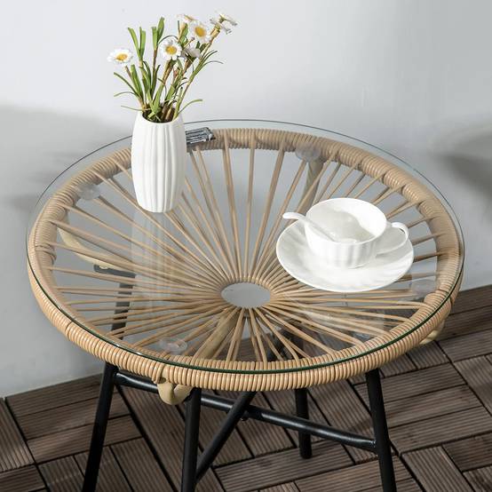 Table basse ronde de jardin en résine aspect rotin métal et plateau verre trempé Ø 50 x 50H cm - Image 7