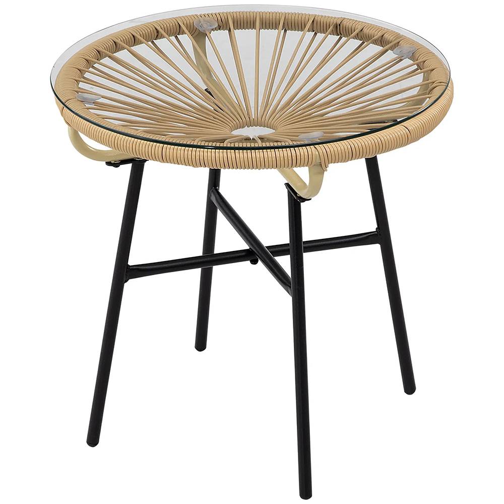 Table basse ronde de jardin en résine aspect rotin métal et plateau verre trempé Ø 50 x 50H cm - Image 5