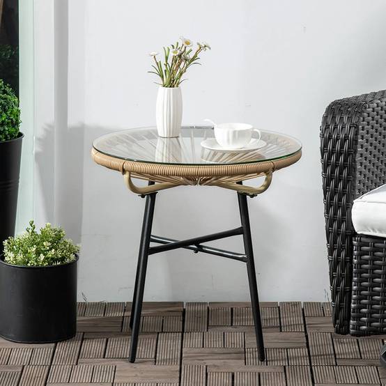 Table basse ronde de jardin en résine aspect rotin métal et plateau verre trempé Ø 50 x 50H cm - Image 2