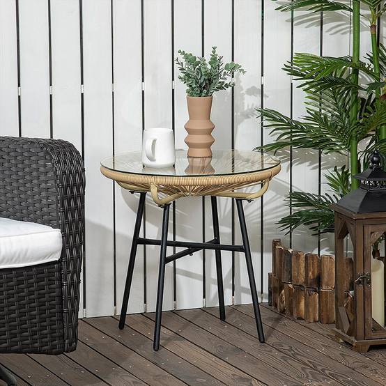 Table basse ronde de jardin en résine aspect rotin métal et plateau verre trempé Ø 50 x 50H cm - Image 1