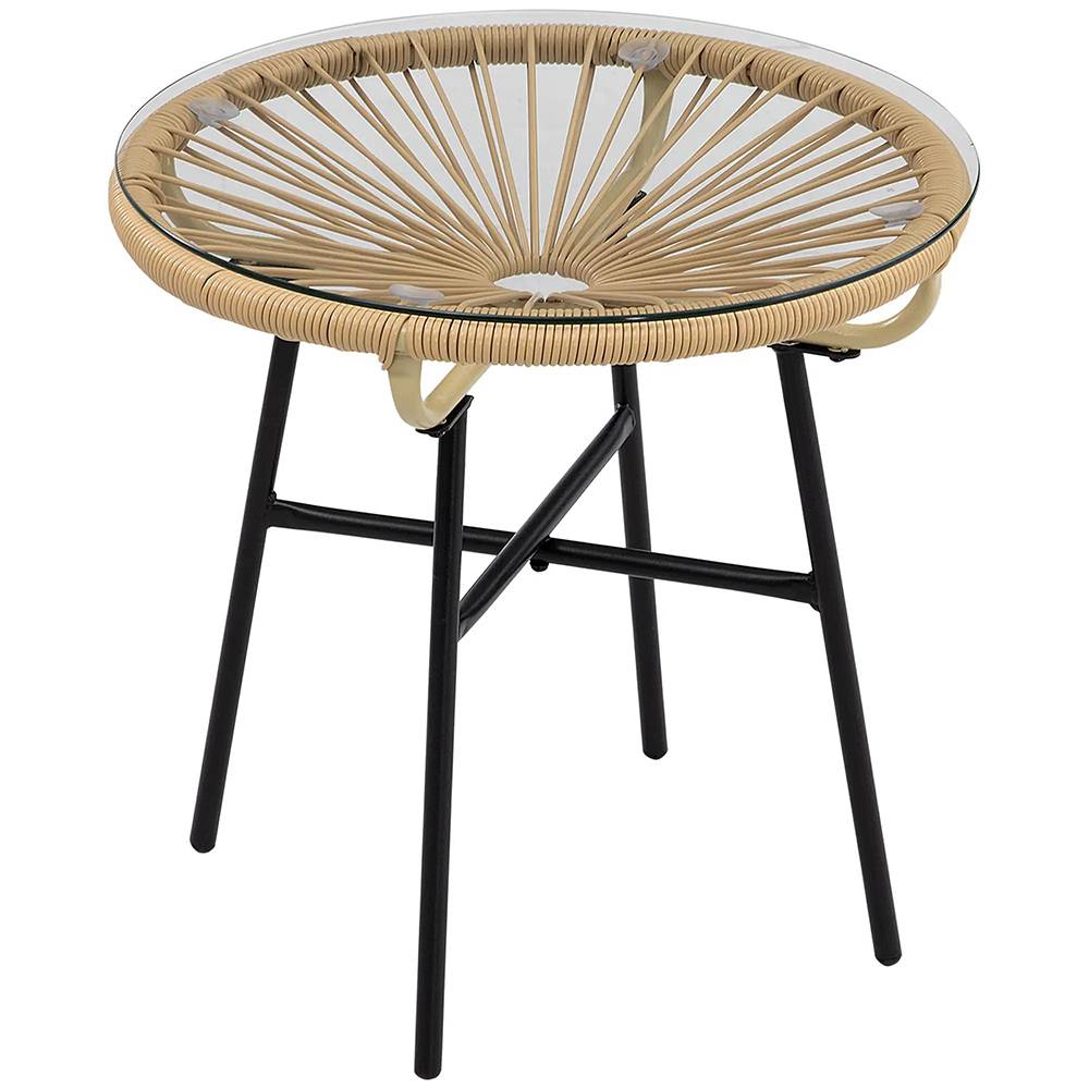 Table basse ronde de jardin en résine aspect rotin métal et plateau verre trempé Ø 50 x 50H cm - Image 6