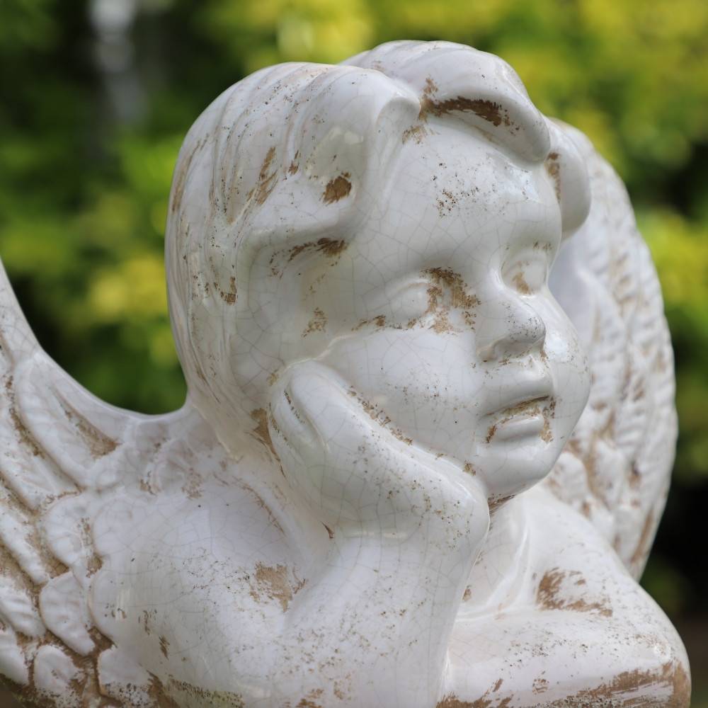 Chemin De Campagne - Statue statuette sculpture jardin ange chérubin ciment ivoire 18cm Chemin de campagne - Imagen 2