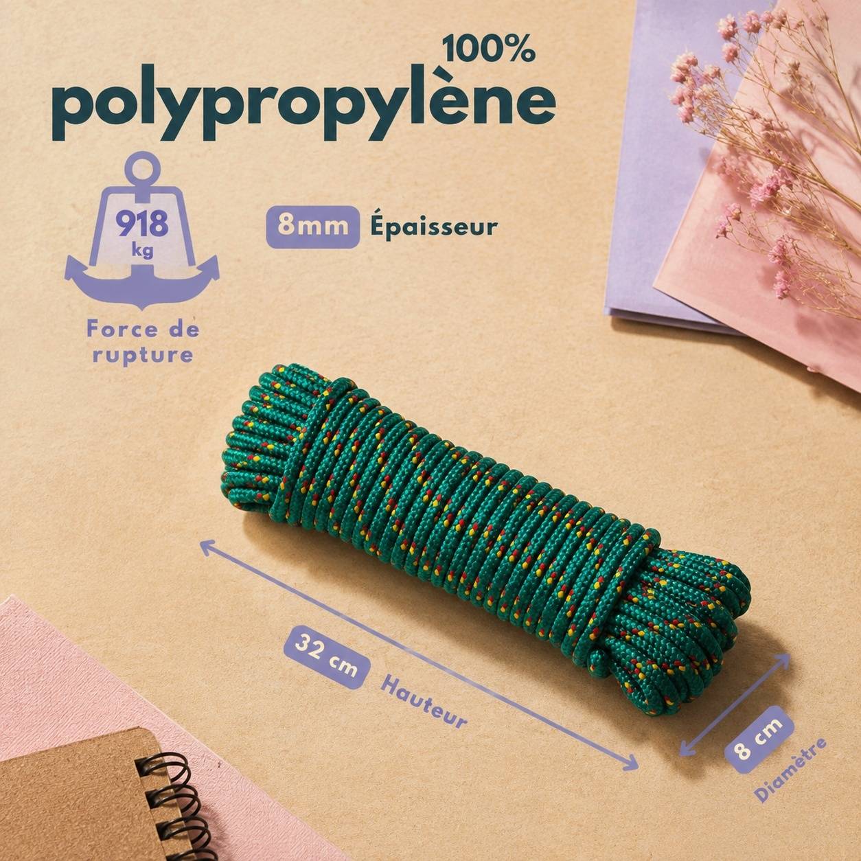 Corde en Polypropylène 8 Mm Résistante 920 Kg Charge Cassante Polyvalente Jardin Camping Loisirs - Image 2