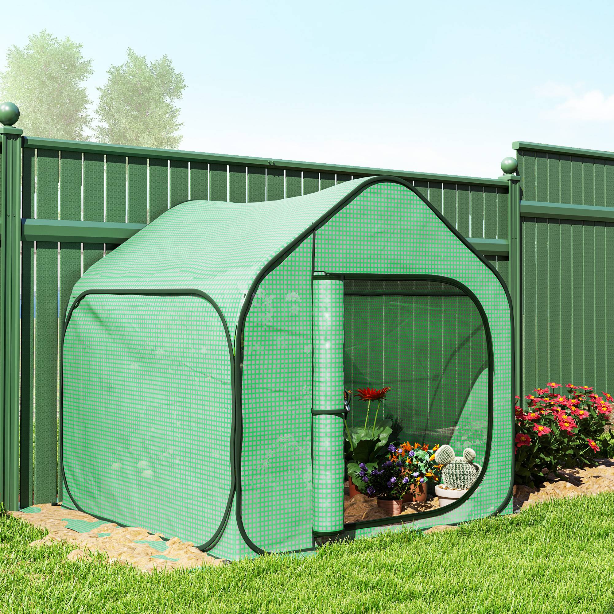 Outsunny - Mini serre pop-up 150x148x148cm pour légumes plantes fleurs avec porte à fermeture éclair, tente d'hivernage intérieur/extérieur en PE vert - OUTSUNNY - Image 4