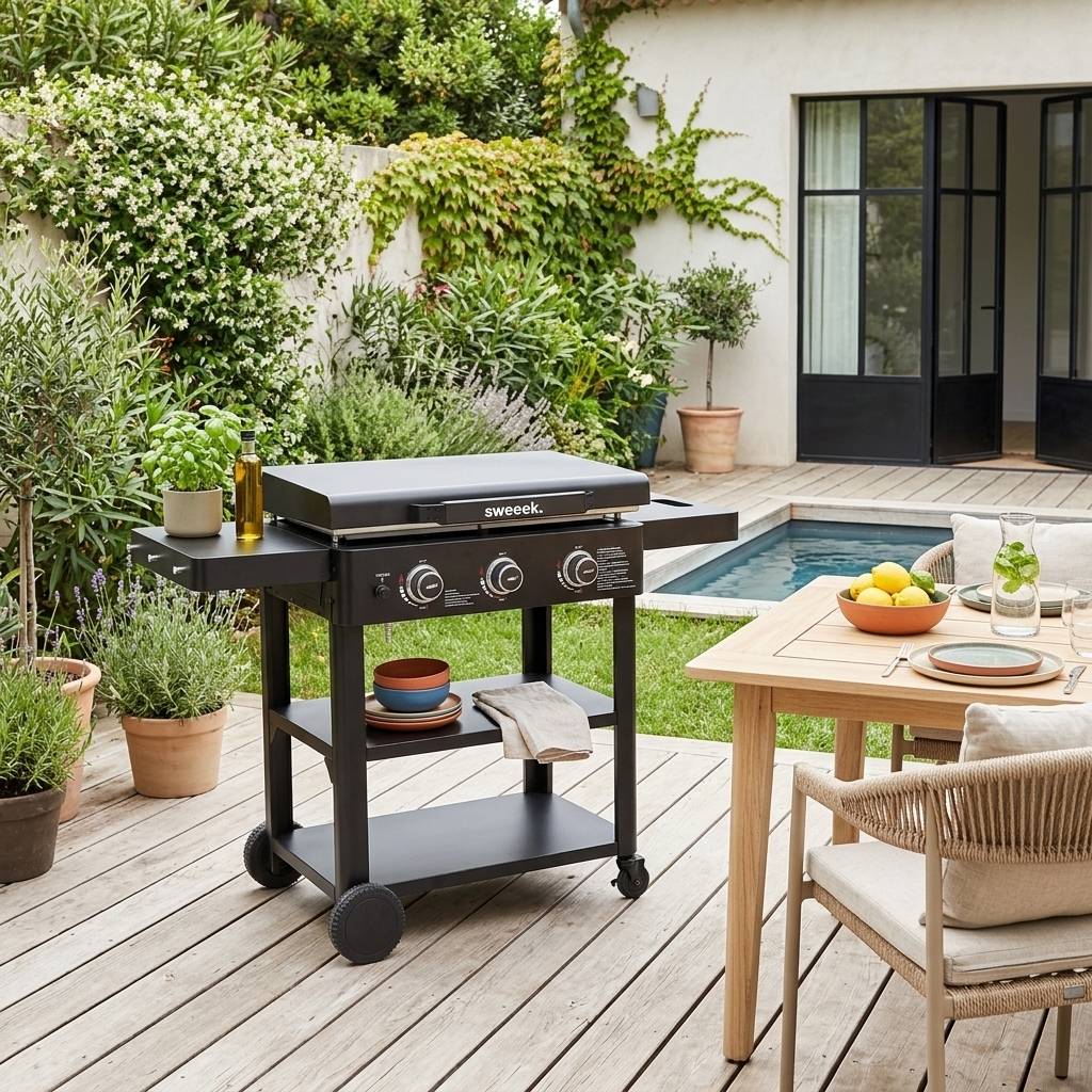 sweeek - Plancha gaz 3 brûleurs acier inoxydable 12kW avec chariot noir - Raoul | sweeek