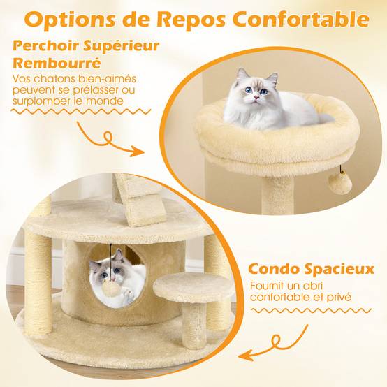 Arbre à Chat XXL 101 cm, Arbre a Chat Bois, 2 Poteaux à Griffer en Sisal, 7 Plateformes, Condo, Échelle d'escalade, 2 Pompons Suspendu, Beige Foncé - Image 5