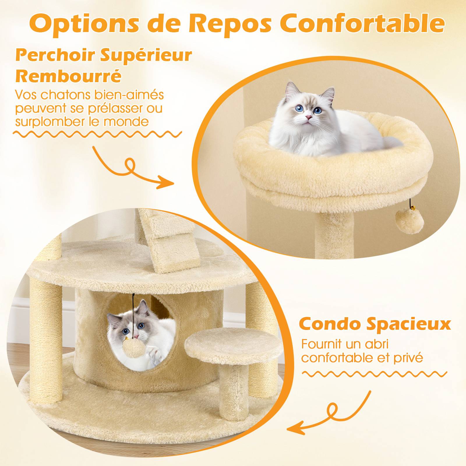 Arbre à Chat XXL 101 cm, Arbre a Chat Bois, 2 Poteaux à Griffer en Sisal, 7 Plateformes, Condo, Échelle d'escalade, 2 Pompons Suspendu, Beige Foncé - Image 5