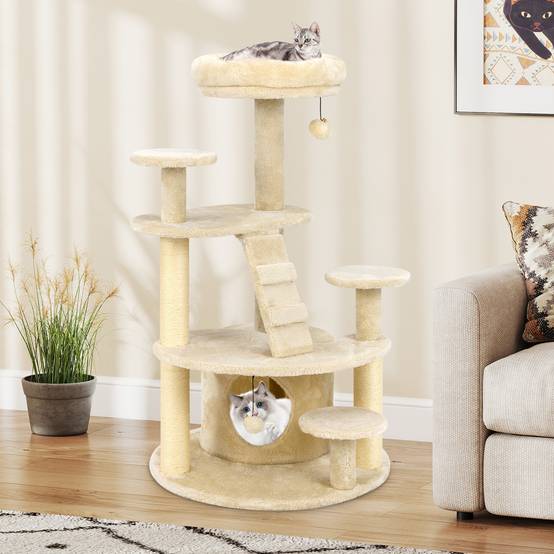 Arbre à Chat XXL 101 cm, Arbre a Chat Bois, 2 Poteaux à Griffer en Sisal, 7 Plateformes, Condo, Échelle d'escalade, 2 Pompons Suspendu, Beige Foncé - Image 2