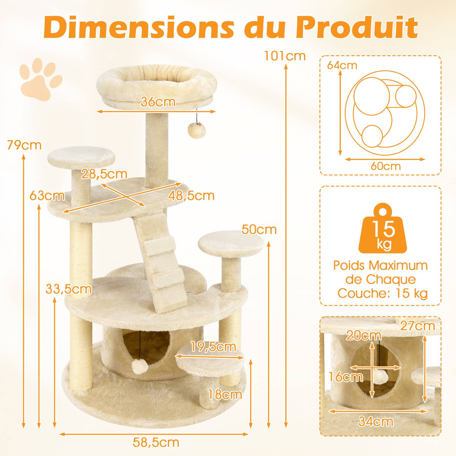 Arbre à Chat XXL 101 cm, Arbre a Chat Bois, 2 Poteaux à Griffer en Sisal, 7 Plateformes, Condo, Échelle d'escalade, 2 Pompons Suspendu, Beige Foncé - Image 3