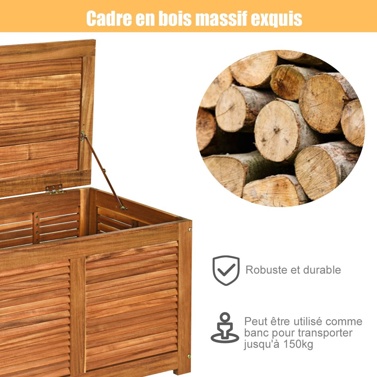 Malle en Bois d’Acacia Coffre Boîte de Rangement 120 x 45 x 45 cm Charge Max 150KG pour Terrasse Jardin ou Cour Nature - Image 7