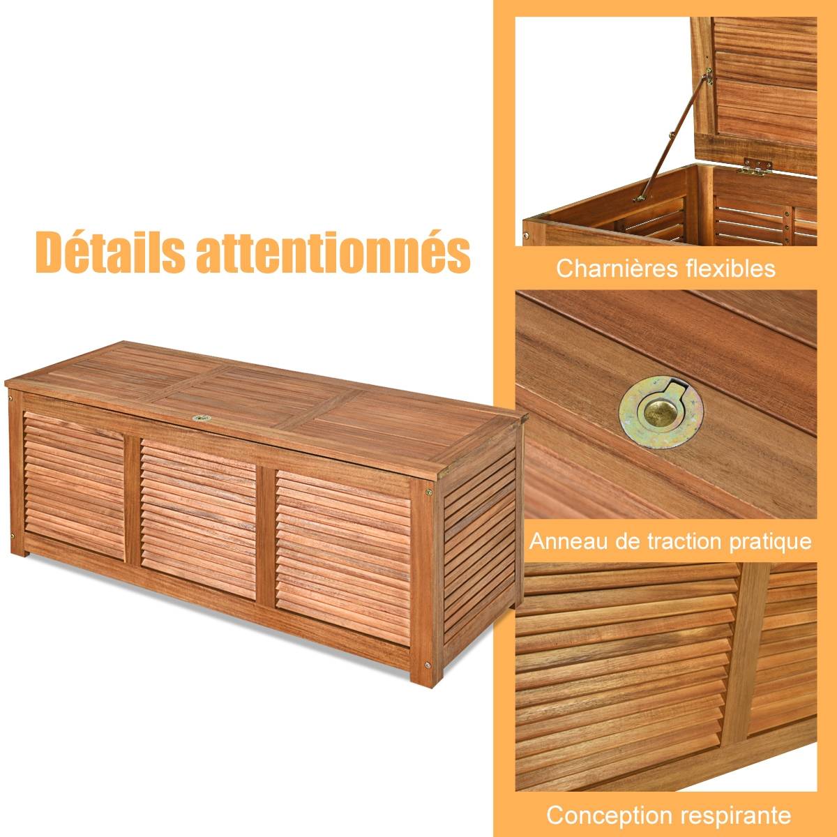 Malle en Bois d’Acacia Coffre Boîte de Rangement 120 x 45 x 45 cm Charge Max 150KG pour Terrasse Jardin ou Cour Nature - Image 6