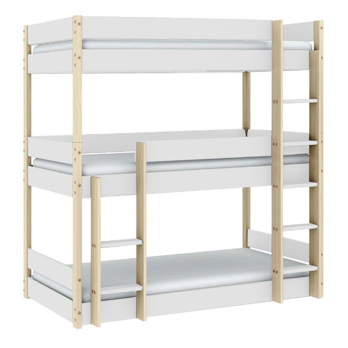 Lit superposé 3 couchages 90x190 en MDF laqué blanc et pin naturel - SOMIS - Image 1