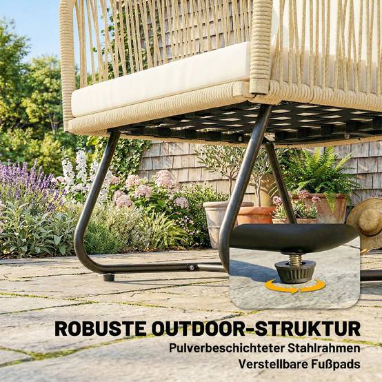 Ensemble bistrot 3 pièces en rotin FSC : 2 fauteuils et table en bois lamella, cadre acier avec coussins lavables - Image 6