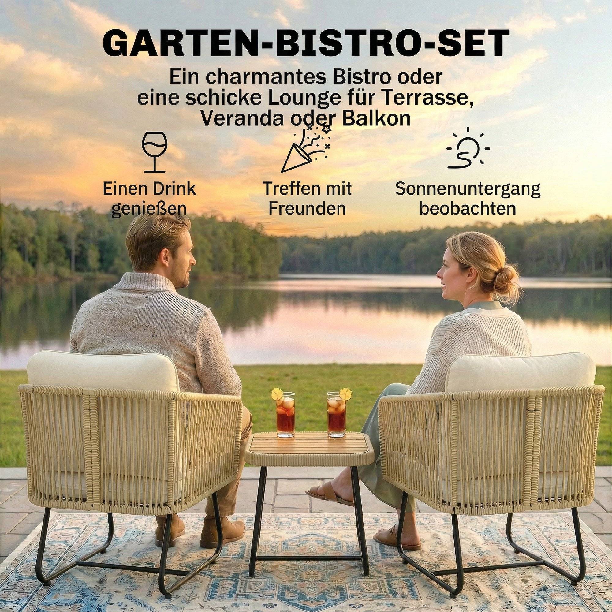 Ensemble bistrot 3 pièces en rotin FSC : 2 fauteuils et table en bois lamella, cadre acier avec coussins lavables - Image 4