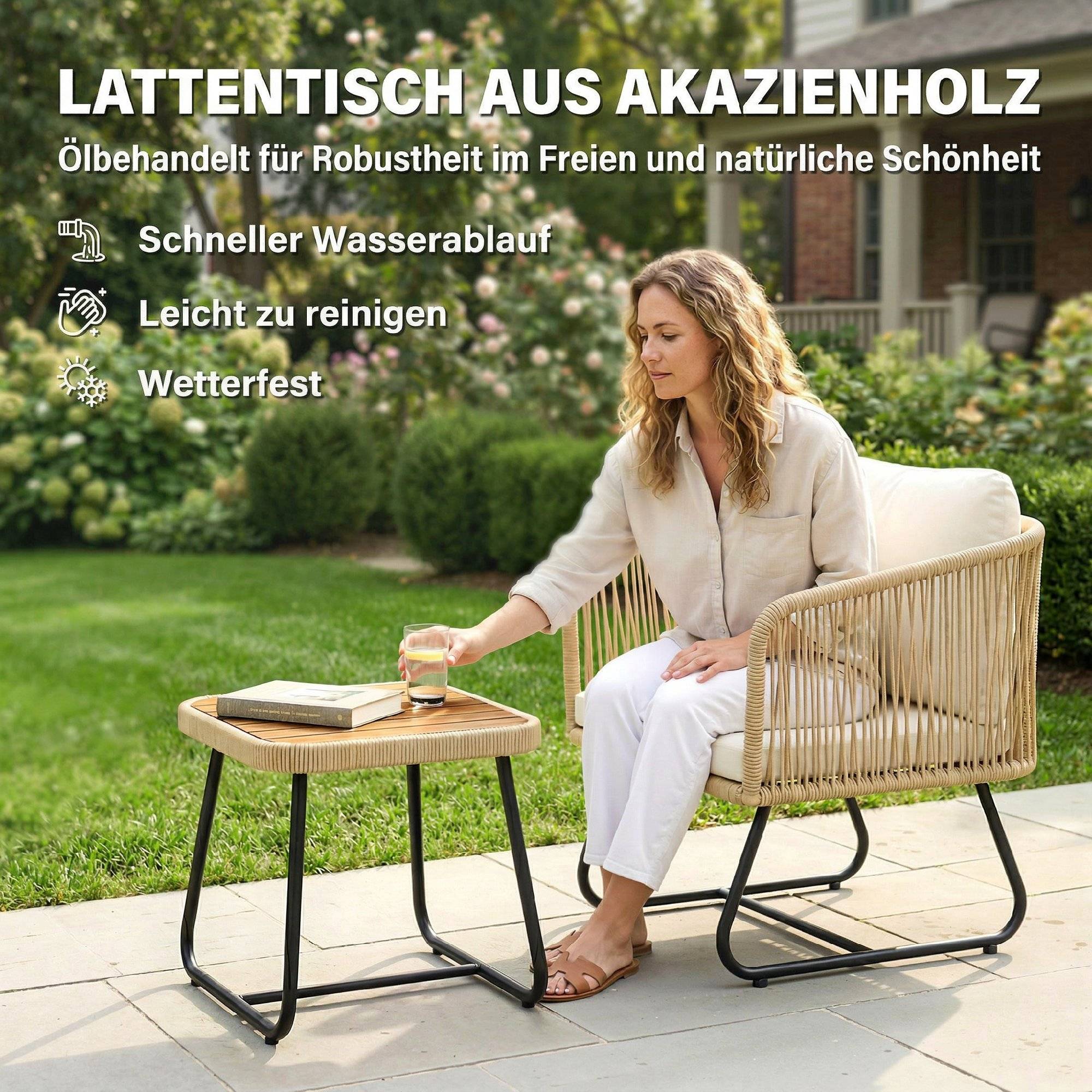Ensemble bistrot 3 pièces en rotin FSC : 2 fauteuils et table en bois lamella, cadre acier avec coussins lavables - Image 8