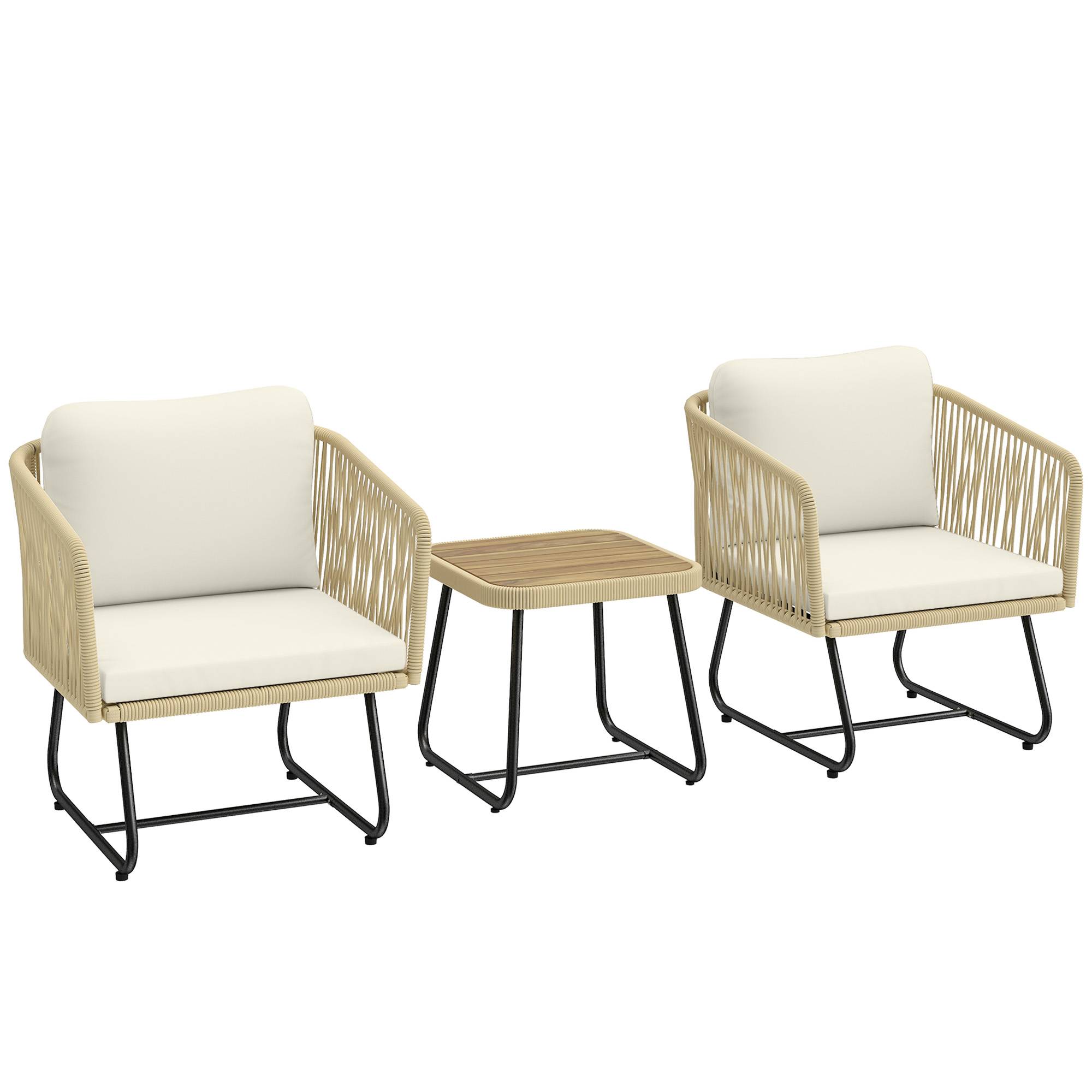 Ensemble bistrot 3 pièces en rotin FSC : 2 fauteuils et table en bois lamella, cadre acier avec coussins lavables - Image 1