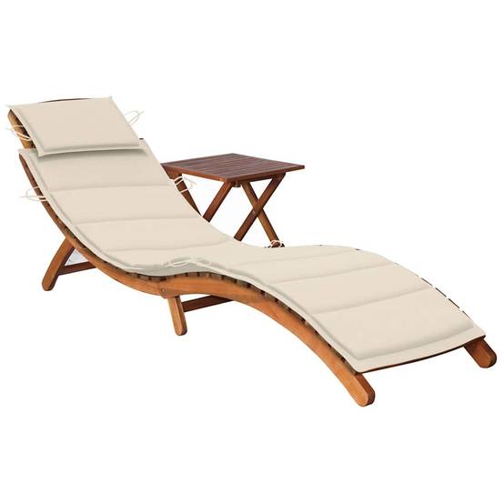 Transat chaise longue Bois acacia Jardin Pliable table coussin Crème - ComfortXL Outdoor Living - Image 1