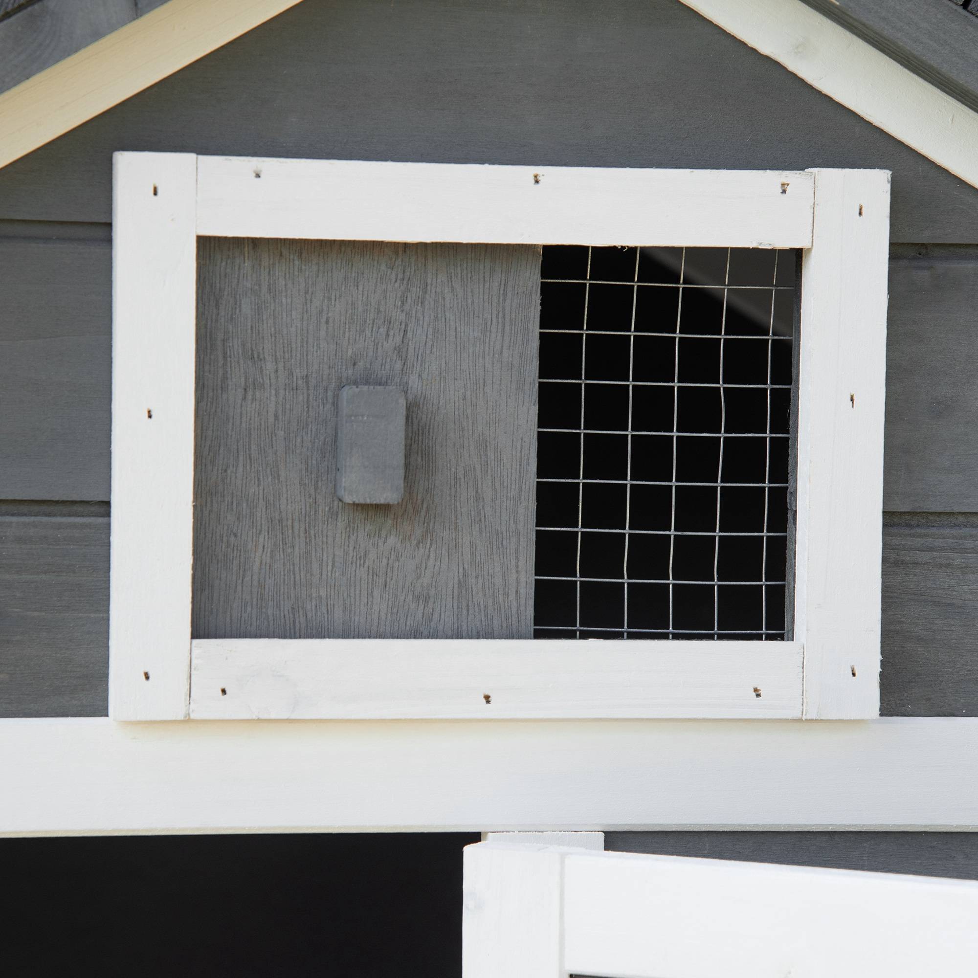 Cage pour poules avec 2 enclos en fil métallique, toit ouvrant, boîte de nid, plateau amovible et rampe 150,5x54x87 cm gris - Image 10
