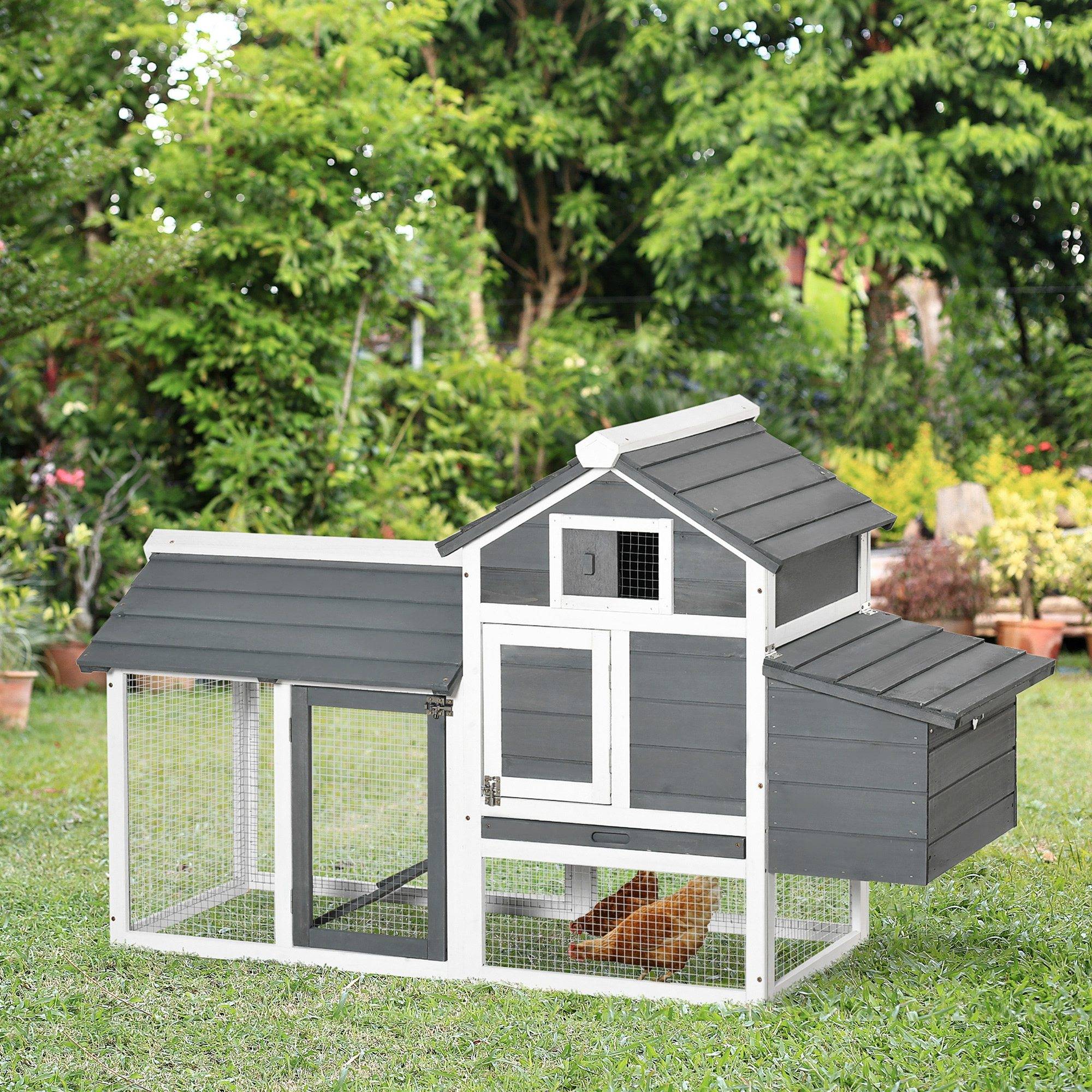 Cage pour poules avec 2 enclos en fil métallique, toit ouvrant, boîte de nid, plateau amovible et rampe 150,5x54x87 cm gris - Image 4