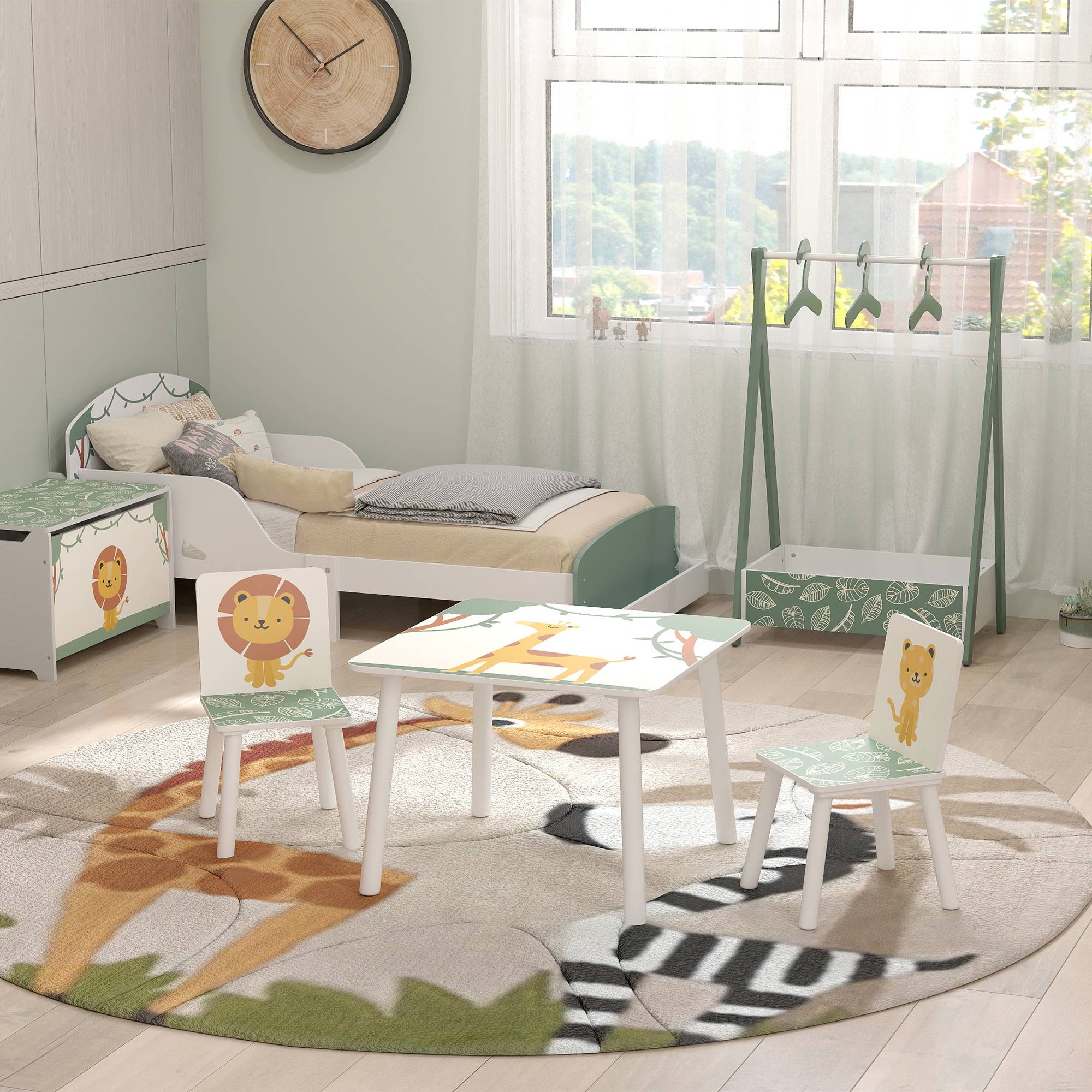 Table enfant avec chaise, ensemble table et 2 chaises bois motifs animaux, 60×60×44 cm, vert - Image 4