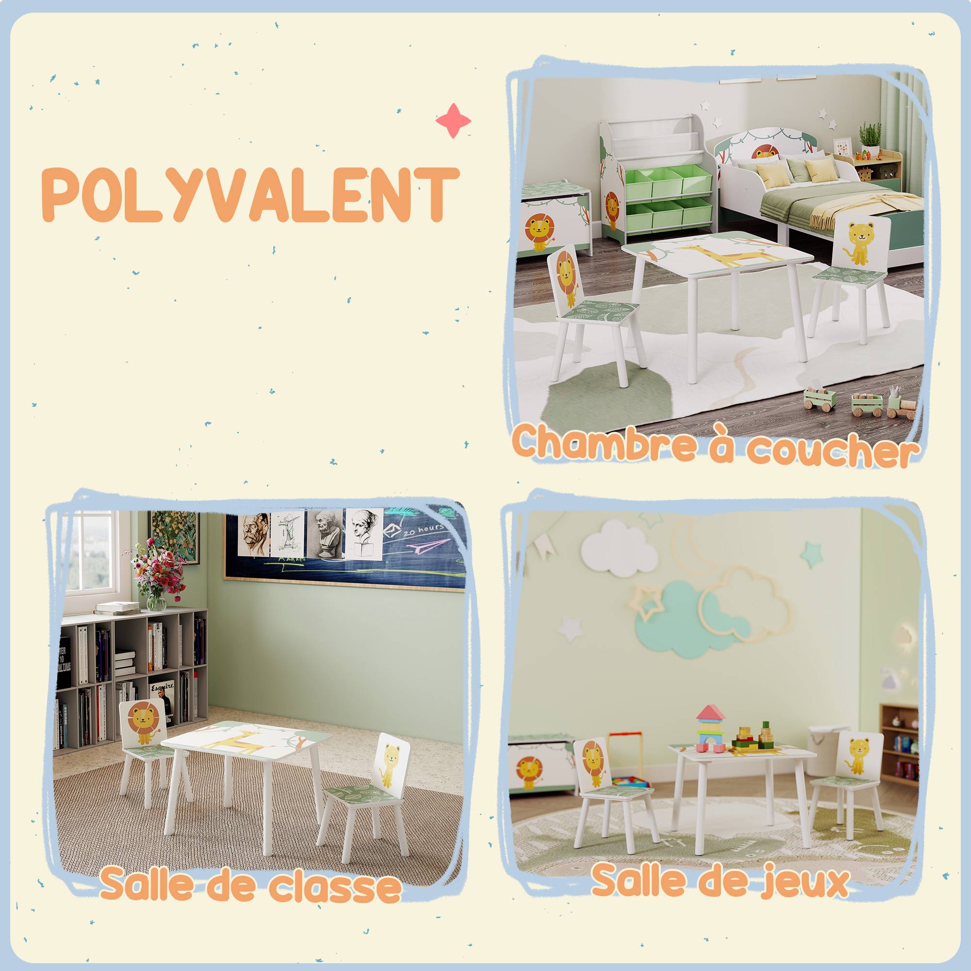 Table enfant avec chaise, ensemble table et 2 chaises bois motifs animaux, 60×60×44 cm, vert - Image 10