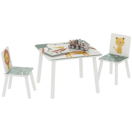 Table enfant avec chaise, ensemble table et 2 chaises bois motifs animaux, 60×60×44 cm, vert - Image 1